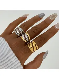 1pc 18K Gold Plated Stainless Steel Geometric Line Open Ring, Exquisite Trendy Ring, Minimalist Niche Design Jewelry, Luxury Women's Accessories, Perfect for Summer Parties, Travel, or Trendy Daily Outfits