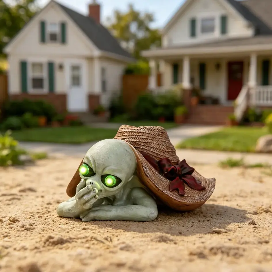 Solar-Powered Alien Garden Statue with Sun Hat and Glowing Eyes, Whimsical Funny Outdoor Decor for Patio, Lawn