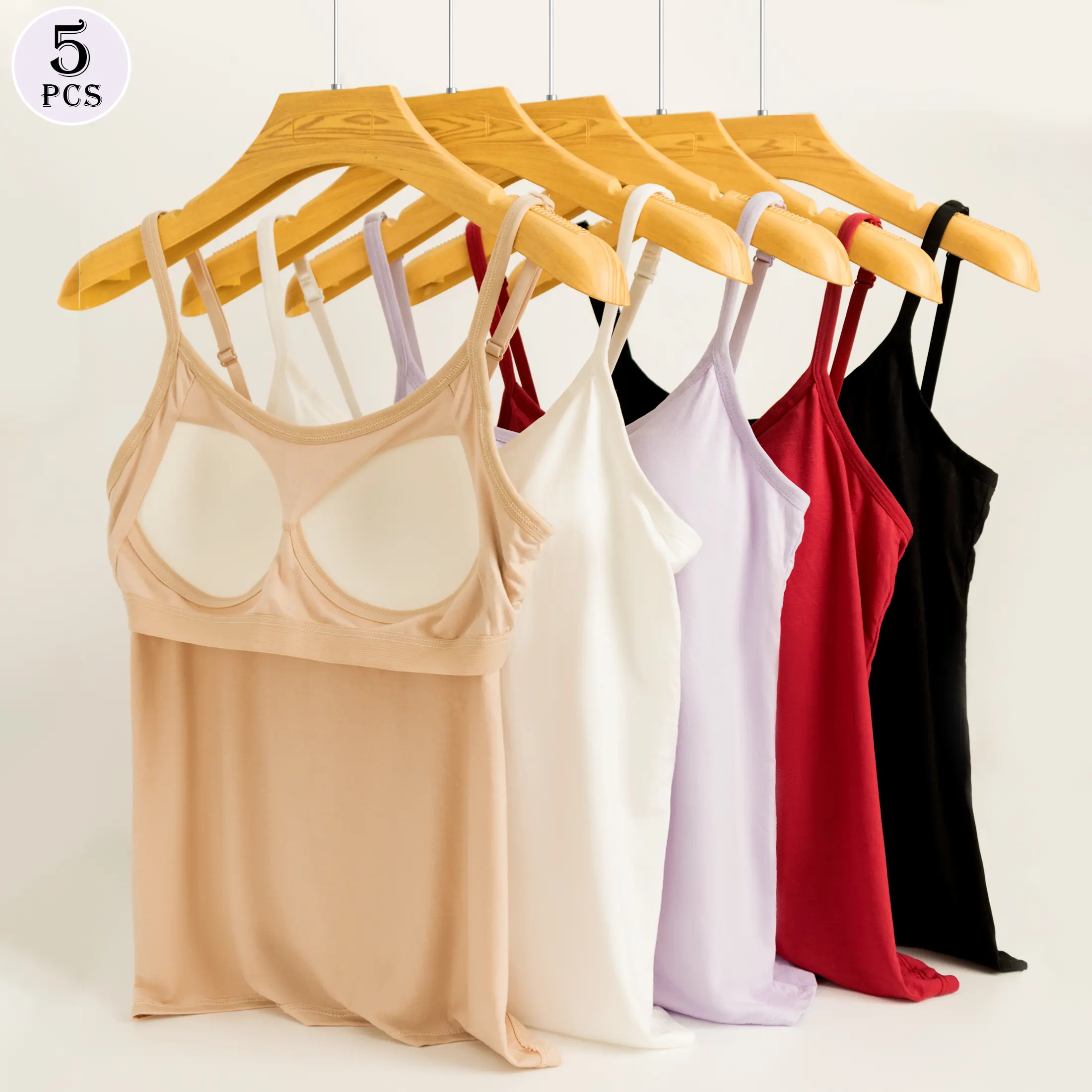 5-piece set: Comfortable and versatile adjustable strap camisole with built-in chest pads, one-piece design eliminating the need for a bra, anti-slip, suitable for both home wear and outer wear