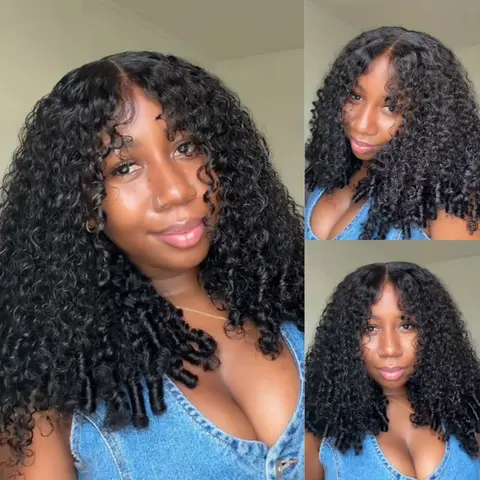 UNice No Slip Burmese Curly Bangs Wig  and Finger Coil Ends Glueless 7x5 HD Lace Closure Human Hair Wig Pre-Bleached Pre-Plucked Natural Scalp Beginner-Friendly Natural Looking
