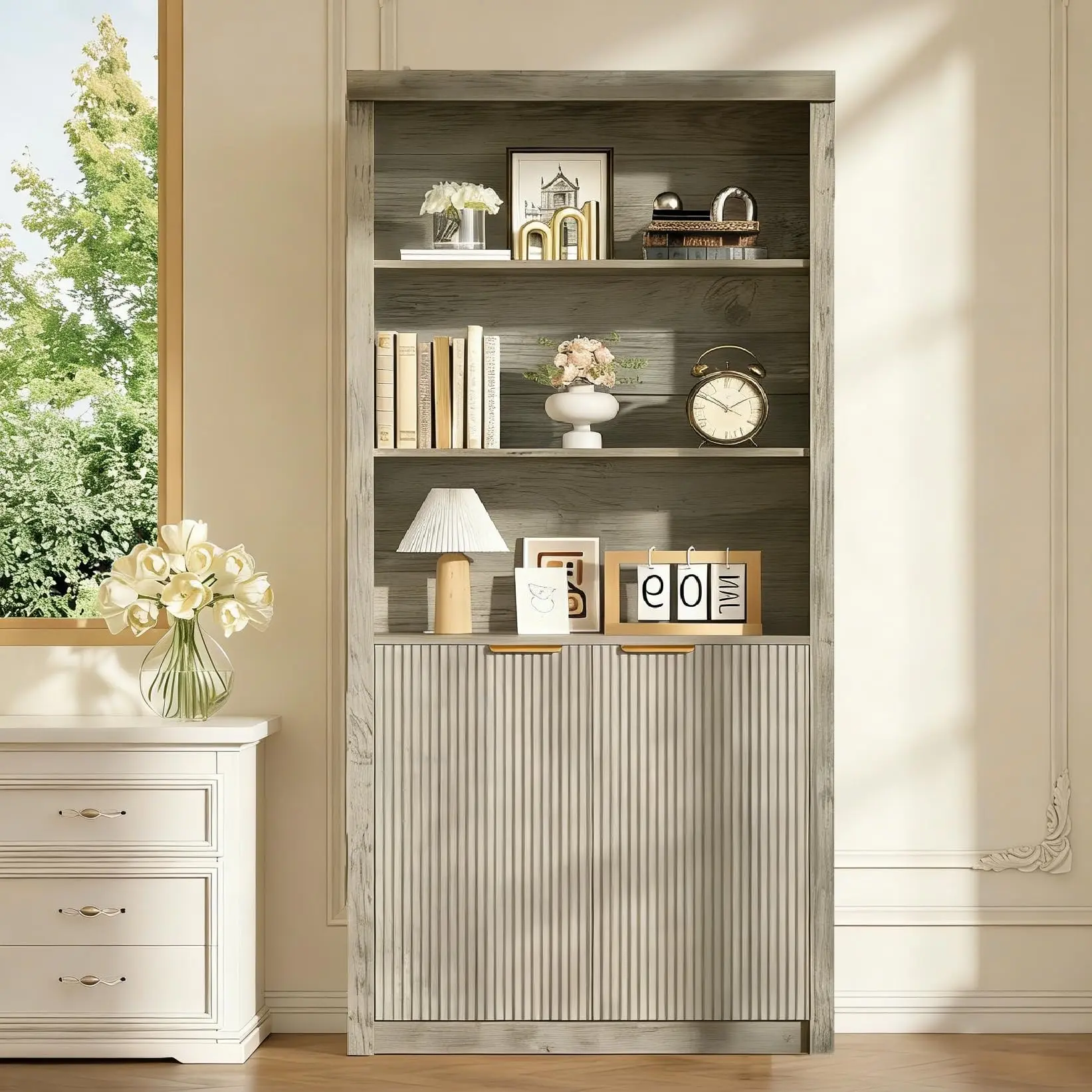 71 Inch Tall Book Shelf and Bookcase with Doors, 5 Shelf Wooden Bookcase with Adjustable Top Shelf, Large Storage Cabinet, Modern Floor Standing Bookshelf for Home Office Living Room Bedroom Study Room in Multiple Colors
