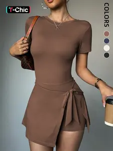 Women's Sporty Short Sleeve Tennis Dress, Anti-Exposure Tight Yoga Skirt, Casual Backless Design for Gym & Outdoor Activities, Activewear, Workout Dress, Tennis Sports Dress