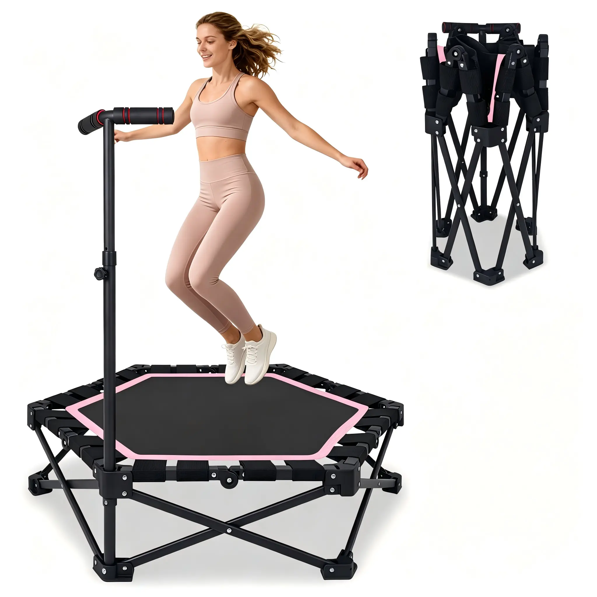 SAYGOGO 42" Foldable Mini Rebounder Trampoline for Adults, 1-Step Fold & Open, 330lbs Max Load, 3-Level Adjustable T-Bar, Indoor & Outdoor Workout Equipment, Pink