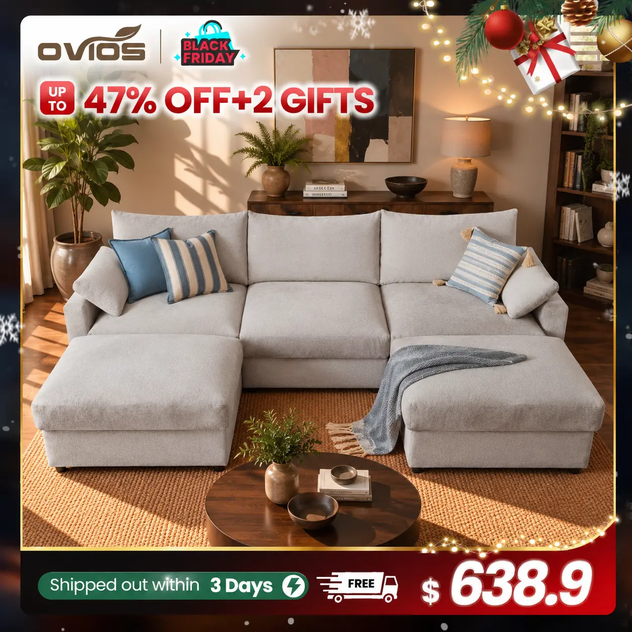 【2/3 Packages Shipping】OVIOS 110" Oversized Cloud Couch, Deep Seat Chenille Sectional Sofa with 2 Movable Ottomans, Modular U-Shaped 3-Seater with Soft Cushions for Living Room, Bedroom & Apartment