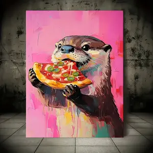 1pc Wooden Framed Canvas Painting, Home and Office Decor, Cute Otter Eating Pizza, Minimalist Oil Painting Style, Dopamine Vivid Food Poster, Restaurant, Kitchen Decoration 0312S Room Decor, Home Decor, Wall Decor, Bedroom Decor