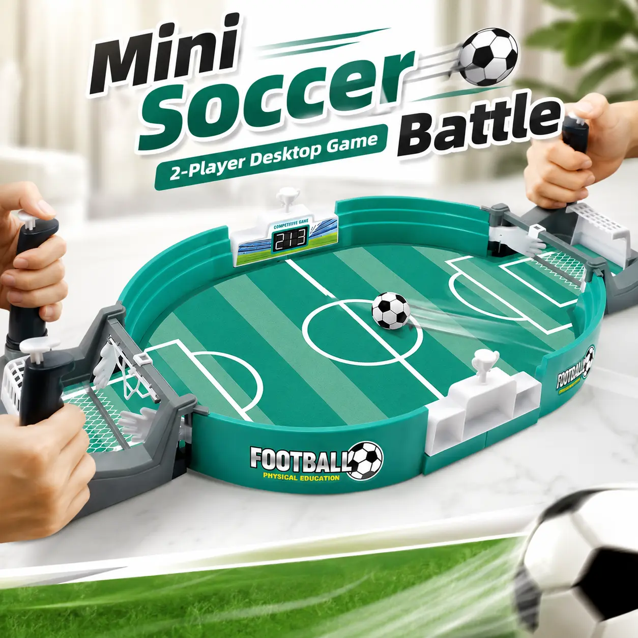 Mini Tabletop Soccer Game for 2 Players with 2 Balls, Fixed Launch Handles and Manual Score Tracker, Green