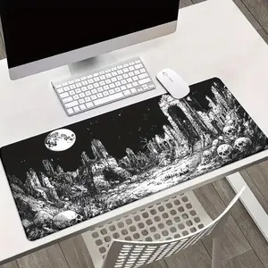 Gothic Theme Moonlit Ruins Skull Desk Mat - Black White Horror Art Mouse Pad for Dark Aesthetic Setup, Desktop Use, Gaming (Computers & Office Equipment Accessory)
