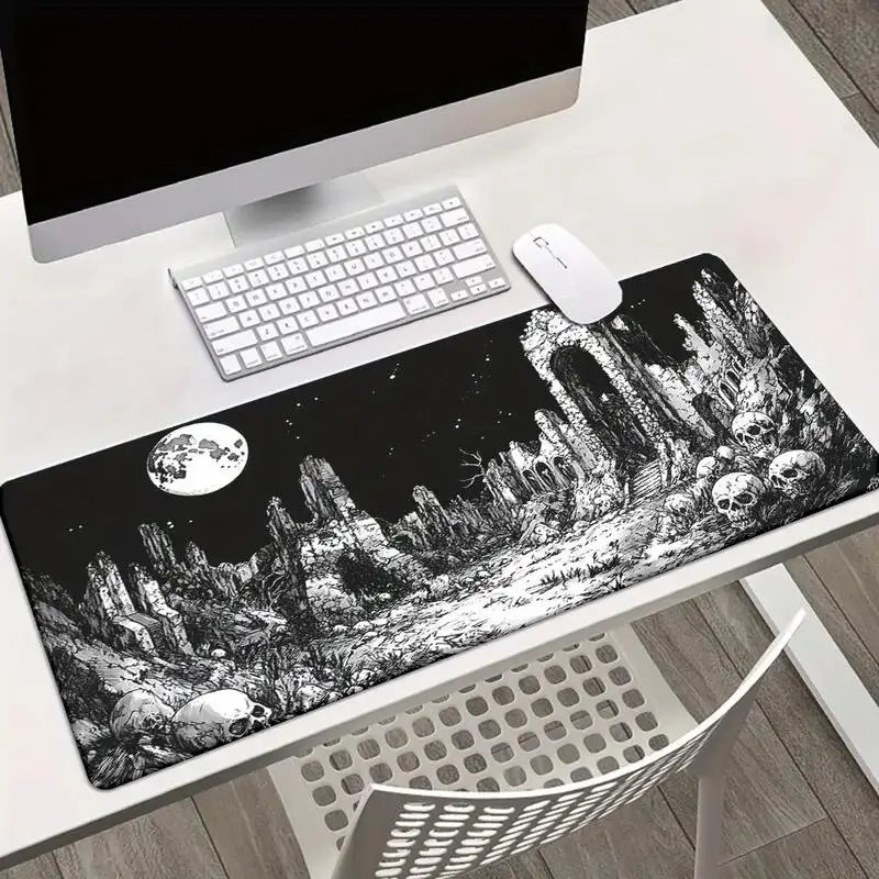 Gothic Moonlit Ruins Skull Desk Mat - Black-White Horror Art Mouse Pad, Dark Desktop Mats, Office Desk Accessory for Gaming & Desktop Use (Computers & Office Equipment Accessory)