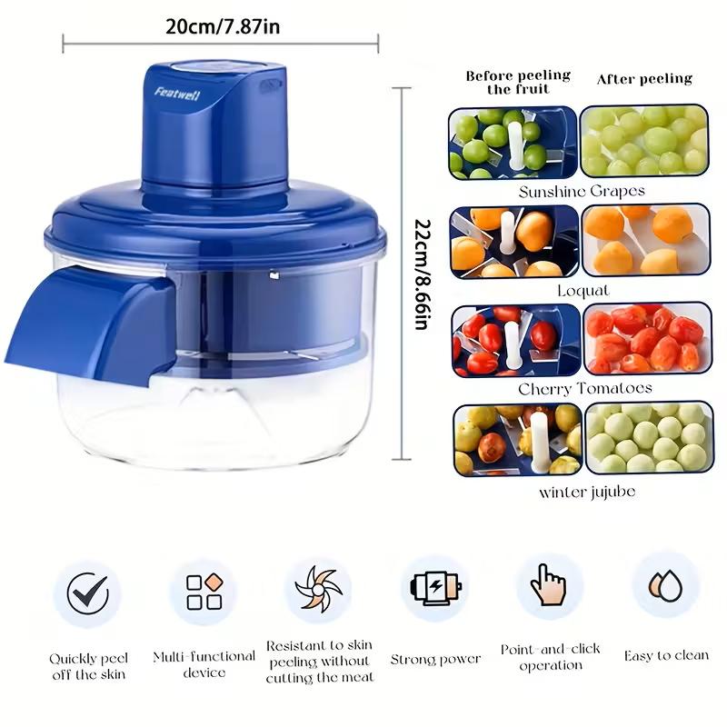 Featwell Electric Grape Peeling Machine – Automatic Peeler Skin Remover Tool for Small Fruits. 20s Fast Peeling Rechargeable Wireless, Grape Garlic Cherry Tomato Peeler,Easy Clean for Home & Commercial Use (Blue-1PC)