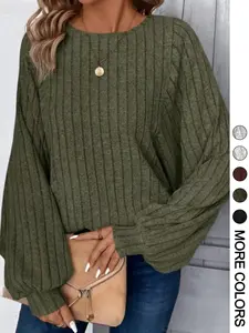 Women's Casual Loose-fit Thermal Top, Comfortable Plain Knitted Round Neck Lantern Sleeve Top for Fall & Winter Seasons Knitwear