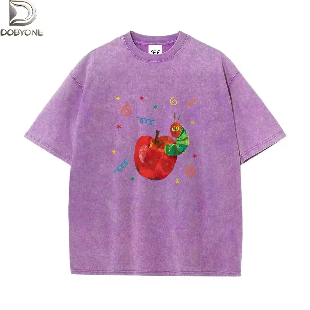 DOBYONE Vintage Washed T-Shirt for Women, Summer Oversized Cotton Graphic Tee, Retro Hungry Caterpillar Apple Print Short Sleeve Top, Aesthetic Acid Wash Distressed Tshirt