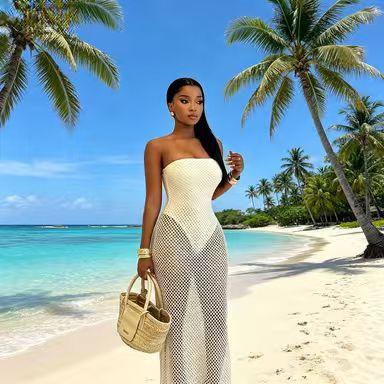 Women's Summer Crochet Mesh Strapless Cover-Up Dress, Womenswear Fake 2-Piece Fringe Beach Maxi Dress for Vacation