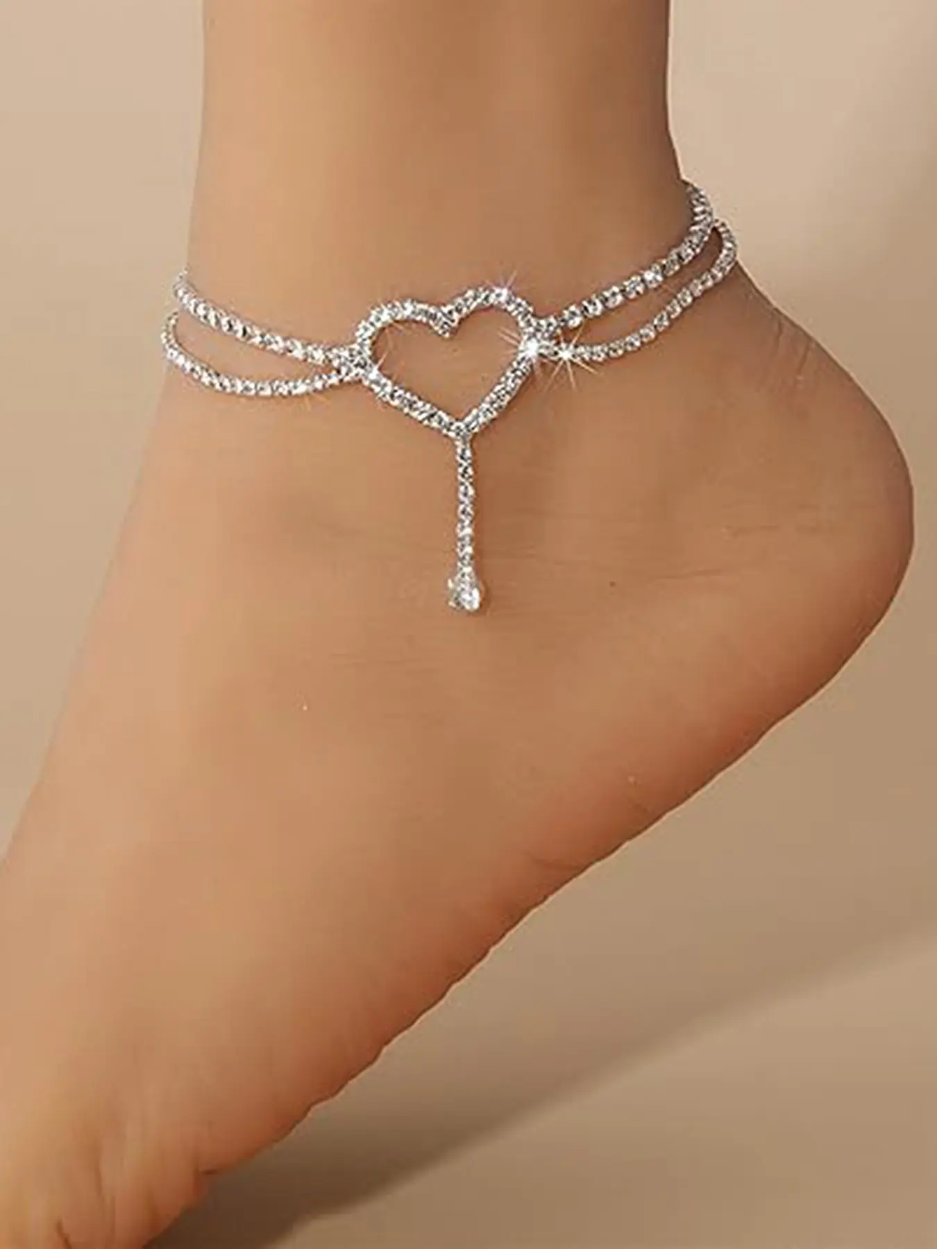 Double Layer Silver Color Rhinestone Chain, Hollow Heart Pendant & Water Drop Charm, Lightweight, Waterproof, Dainty Layered Anklet, Perfect for Beach Vacation