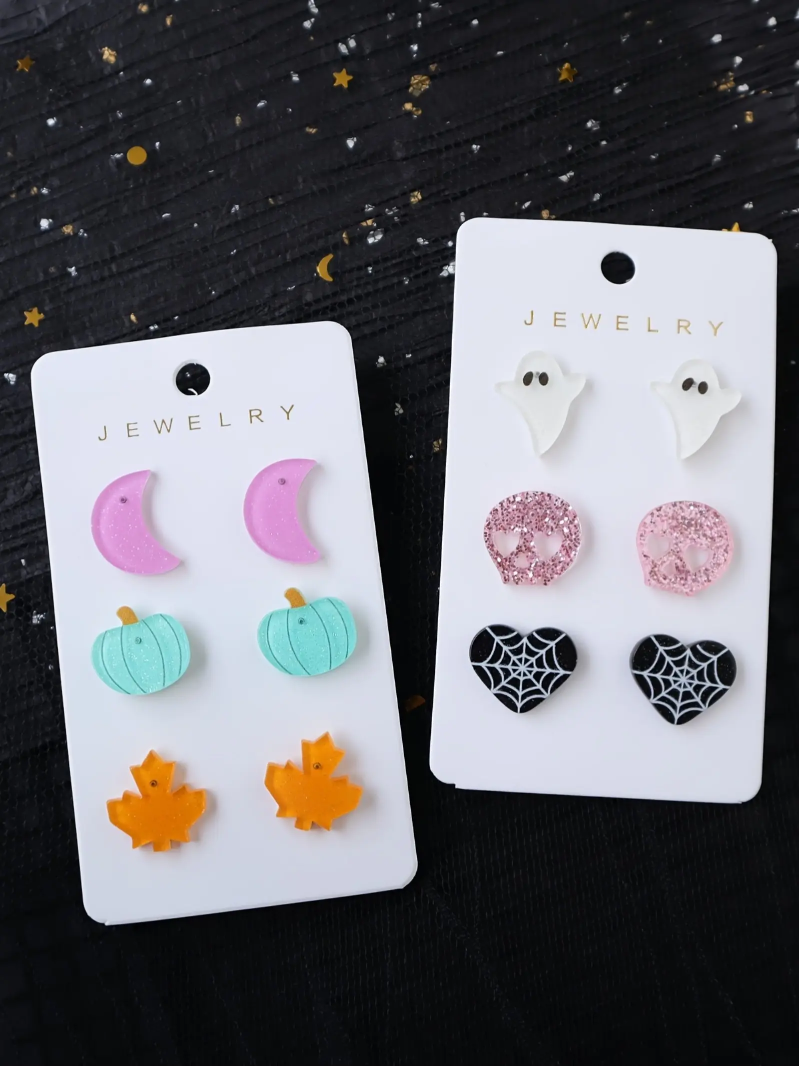 A set of three pairs of Halloween maple leaf acrylic earrings, cute and sweet moon, pumpkin,, spider web, love earrings, party holiday gift earrings