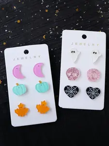 A set of three pairs of Halloween maple leaf acrylic earrings, cute and sweet moon, pumpkin,, spider web, love earrings, party holiday gift earrings