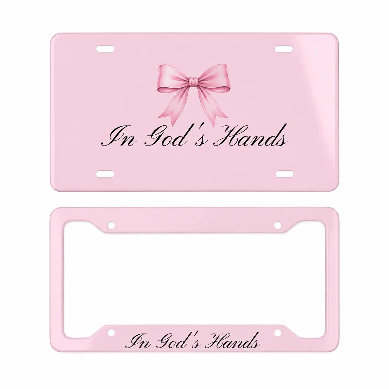 Pink Coquette Bow License Plate Frame & Vanity Plate Set, In God’s Hands Car Tag, Girly Pink Car Decor, Feminine Auto Accessory