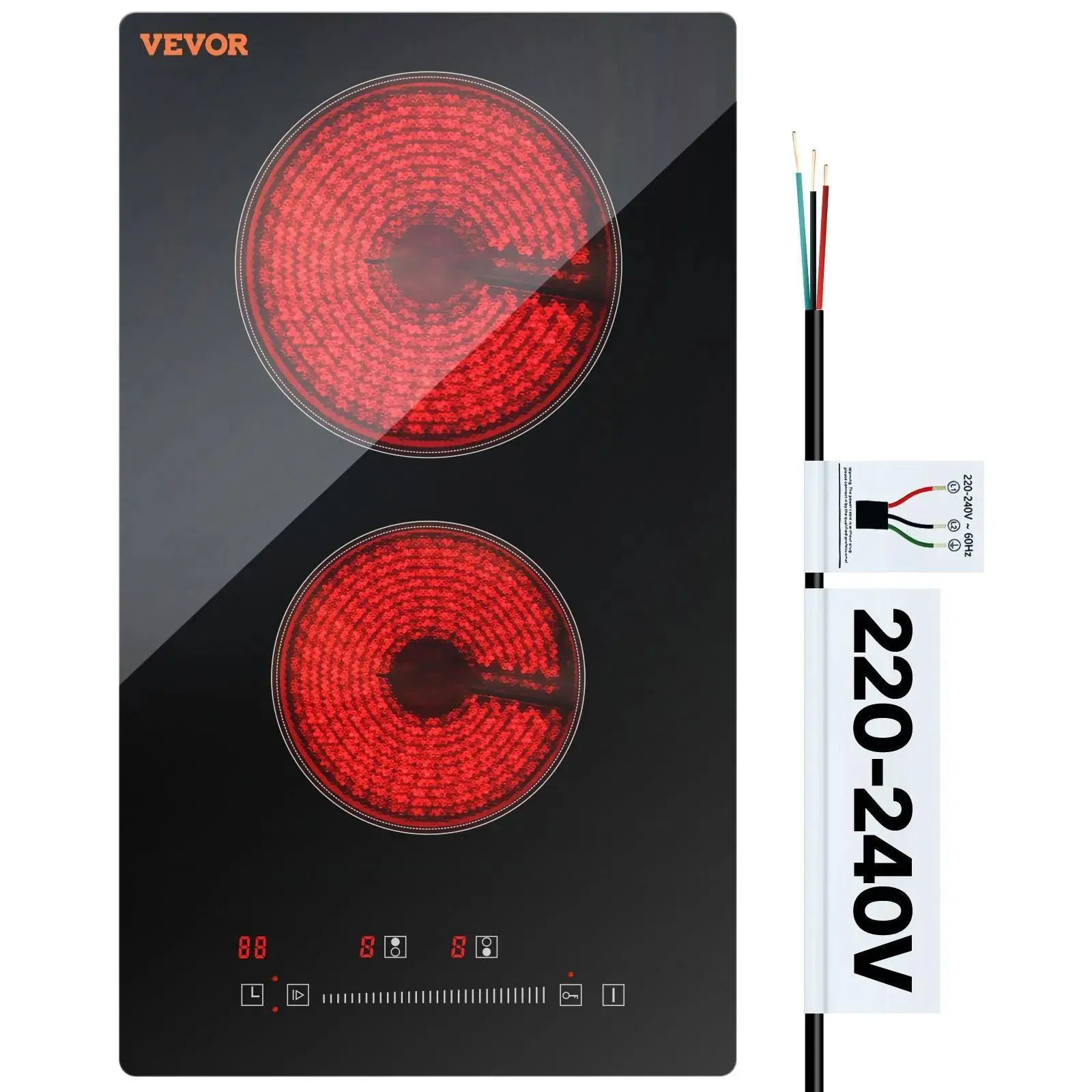 【Backtoschool】VEVOR Built-In Electric Hob Stove - 20x11.6in Double Burner Cooker, 240V Glass Radiant Household Appliances with Sensor Touch Control, Automatic Timer, Child Lock, 9 Power Levels for Simmer, Fry, 3000W Power