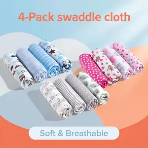 4Pcs Baby Blanket Set, Soft Comfortable Skin-Friendly Printed Blanket, All Season Universal Warm Nursery Bedding, Cute Pattern Swaddle Wrap for Newborn Infant Toddler