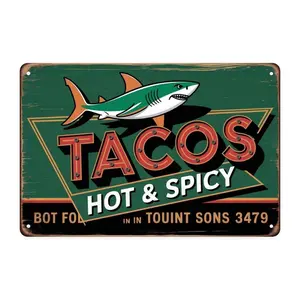 Vintage Shark Tacos Hot & Spicy Metal Sign Print, Mexican Food Restaurant Decor Tin Sign, Aesthetic Room Decoration for Home Bedroom Kitchen Bar Coffee Bathroom Indoor Outdoor Wall Decor, 8 X 12 IN