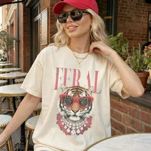 Feral Girl Summer Shirt, Tiger Beach Tee, Sunglasses Graphic T-Shirt, Funny Summer Top, Unhinged Meme Tees, Summer Top
