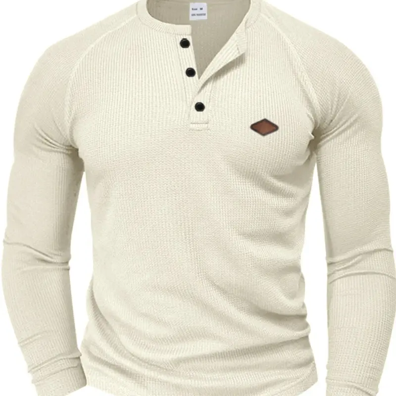 Men's Long Sleeve Casual Waffle Knit Fabric Plain Tee, Quick-Dry Shoulder Insert Henley Shirt, Spring & Fall Fitted Pullover, Comfortable Fit, Knitwear, Waffle Knit Henleys