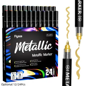 12/24 Color Metallic Acrylic Paint Markers, Dual Tip Acrylic Metallic Markers Set (Brush & Fine), Glitter Paint Pens for Black Paper, Rock Painting, Glass, Wood, Ceramic,Arts and Crafts