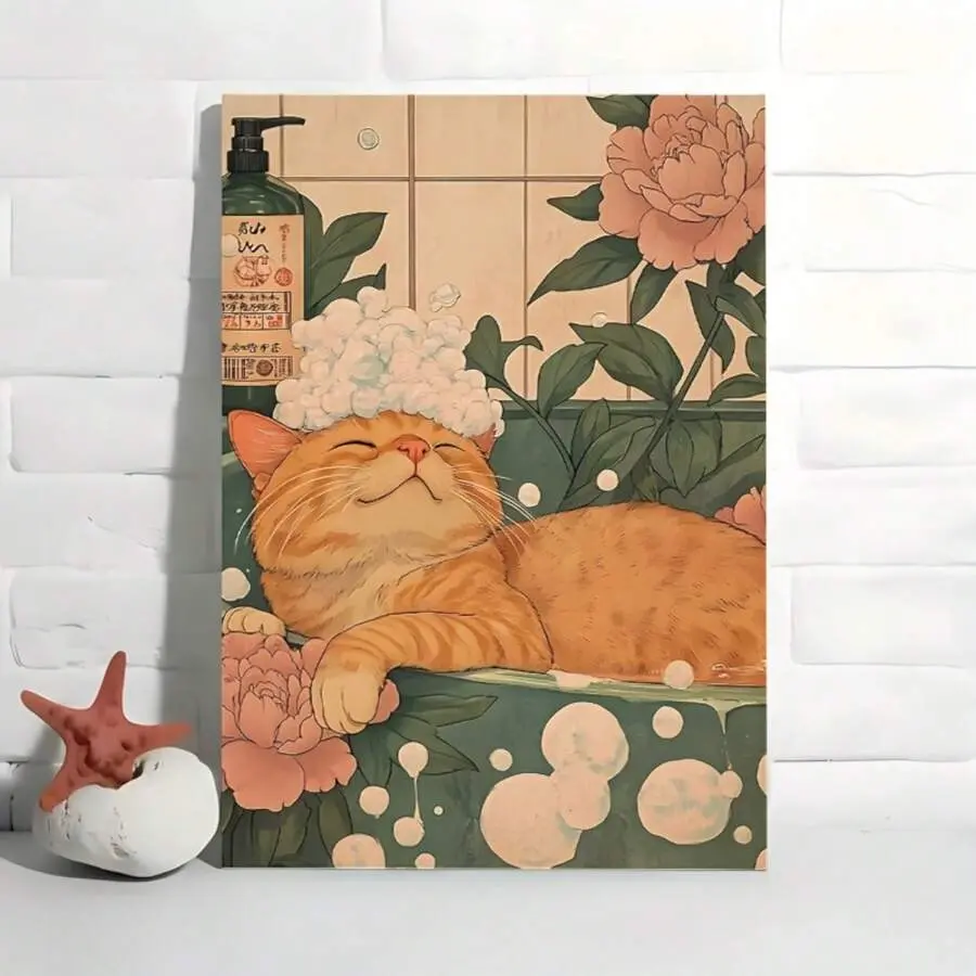 [2D Flat] 1pc  Canvas Posters - Adorable Orange Tabby Cat Relaxing In A Bathtub With Japanese-Style Floral Design, Perfect Wall Arts For Bathroom, Bedroom, Kitchen, Living Room, Office, Or Cafe Decor, Cat Lover Gift Idea, Bathroom Artwork