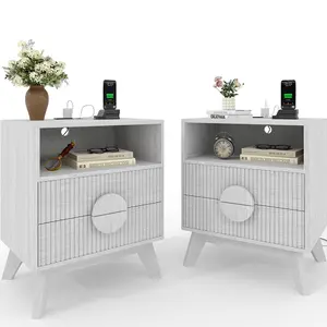 Garvee Set of 2 Modern Fluted Bedside Tables,Wood Nightstand Bedside Table End Table with Charging Station,Drawers & Open Shelf for Bedroom or Living Room