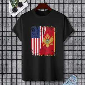 MONTENEGRIN ROOTS | Half American Flag | MONTENEGRO FLAG T-Shirt, 100% Cotton, Single Side Printed, Black Short Sleeve T-shirt, Gift for Family Friends, S-XXXL, 1 pc, Fabric Weight 180g
