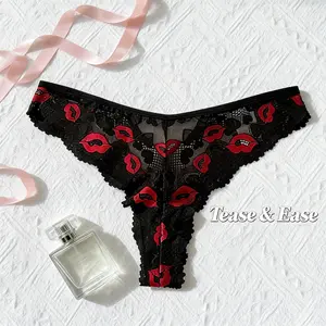 Tease & Ease Lace Thong Panties for Women Floral Lip Print Breathable Sexy Underwear Lightweight Fabric
