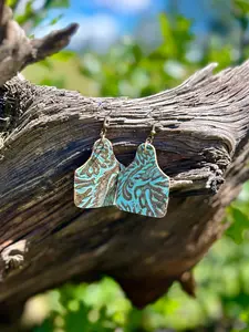 Tooled Leather Cowtag Earrings - Teal