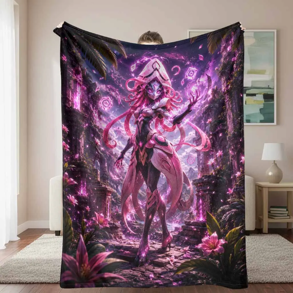 Pink Mystic Sorceress Flannel Throw Blanket, Fantasy Crystal Ruins Print, Soft Warm Lightweight Cozy, Relaxing Gifts for Bedroom, Sofa