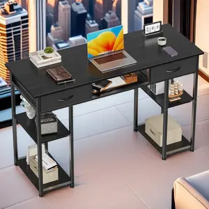 Small Desk Fabric Drawers & Storage Shelves, Home Office Computer Desk, Writing Desk Small Space Desk Study Table for Home, Bedroom, 48 Inch, Balck Computer Desk Small Home Office Bedroom Writing Study PC Table with Storage Space Fabric Side Bag Headphone