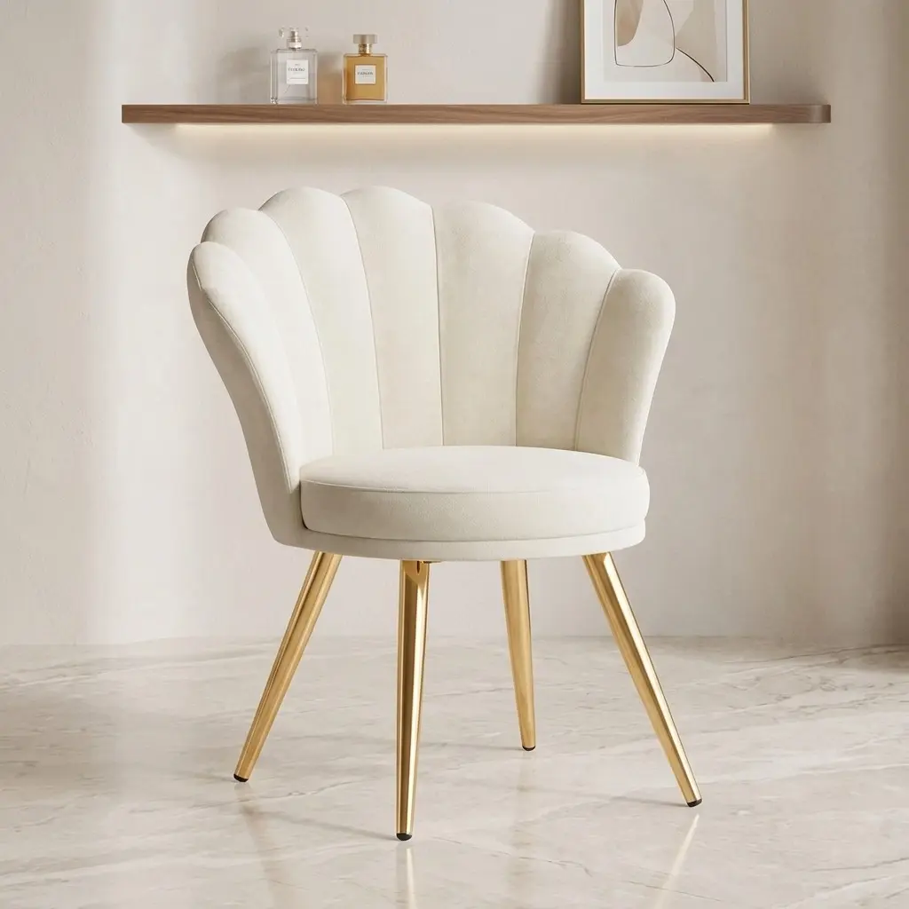 White Velvet Shell‑Shaped Vanity Chair, Gold‑Plated Metal Legs, Extra‑Wide Seat, Curved Solid Back, Adjustable Foot Pads, Easy Assembly for Bedroom & Living Room