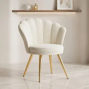 White Velvet Shell-Shaped Accent Chair, Upholstered Vanity Chair with Gold Metal Legs, Extra Wide Seat & Curved Solid Back, Adjustable Foot Pads, Easy Assembly Makeup Chair for Living Room Bedroom Home