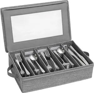 Silverware Storage Box, Flatware Organizer with Zipper Lid, 5 Compartment Cutlery Case with Adjustable Divider and Handle, Utensil Container for Spoon Fork  Tableware, Gray, 1 Pack