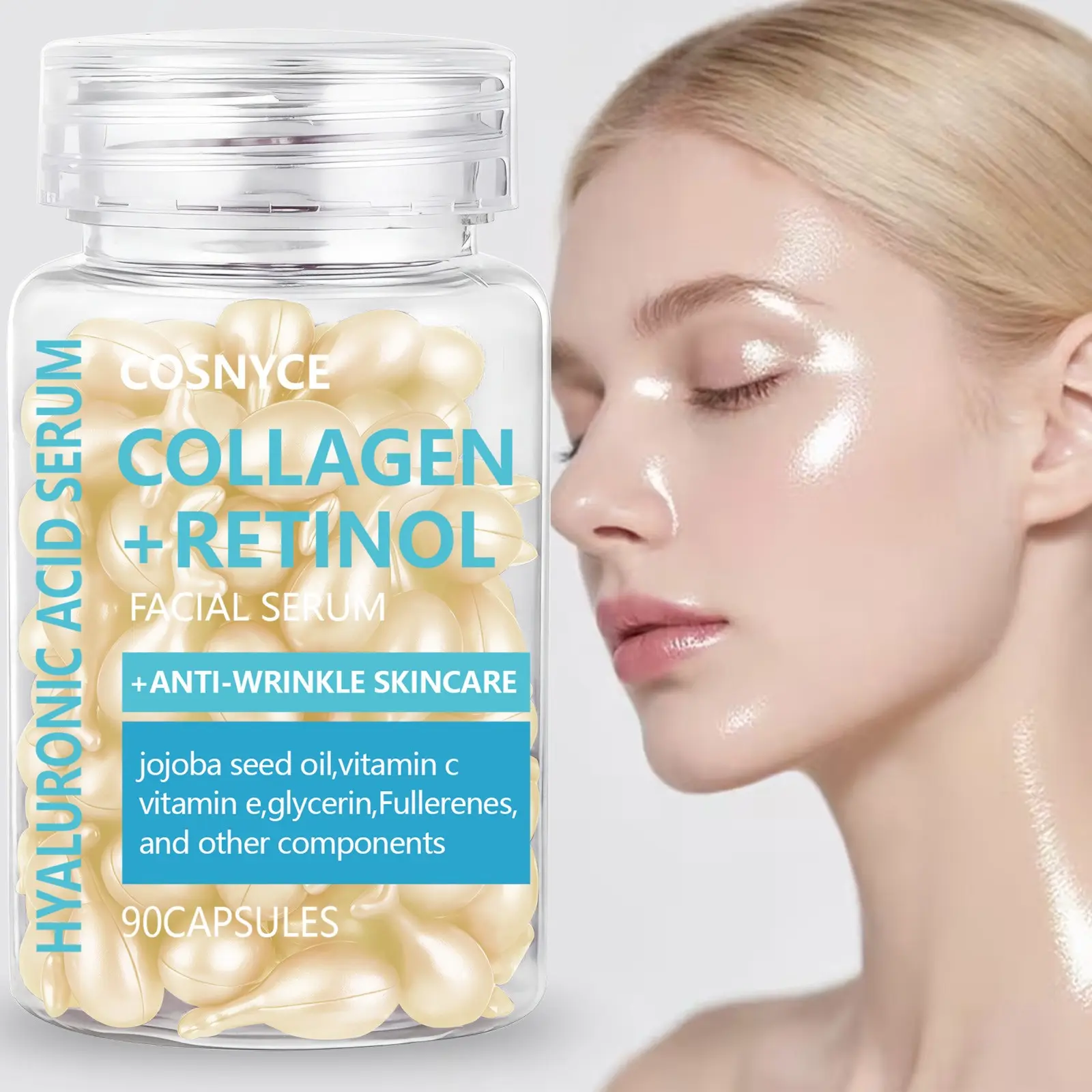 90 Capsules Collagen Face Serum, Rich in Vitamin C & Retinol, Unisex Anti-Wrinkle Firming, Smooth Clean Skin, No Tight Feeling, Anti Aging Capsules