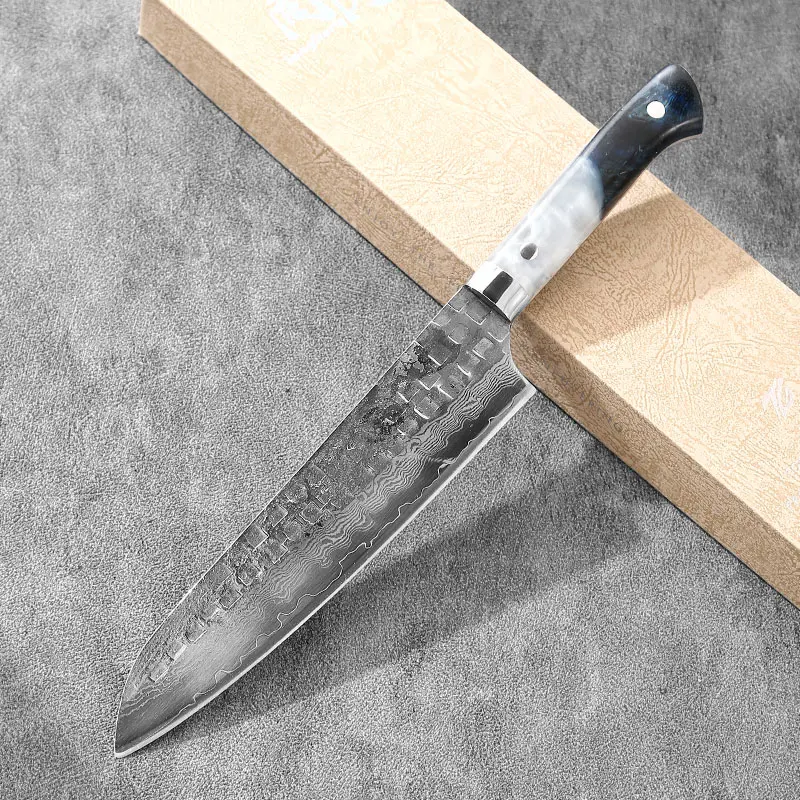 Yuanren AS IS SALE 8.5'' Tsuchime Chef's Knife - W61F Damascus Stainless Powder Steel, 61-Layer Hammer Forged, Resin-Stabilized Burled Wood Handle, Rustproof Kitchenware for Cooking & Cutting (Dora's Kitchen)