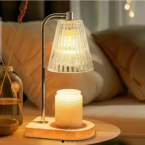 Lamp Wax Warmer with Clear Glass Lid, Wooden Base, Metal Base, Lighter & Stable Design