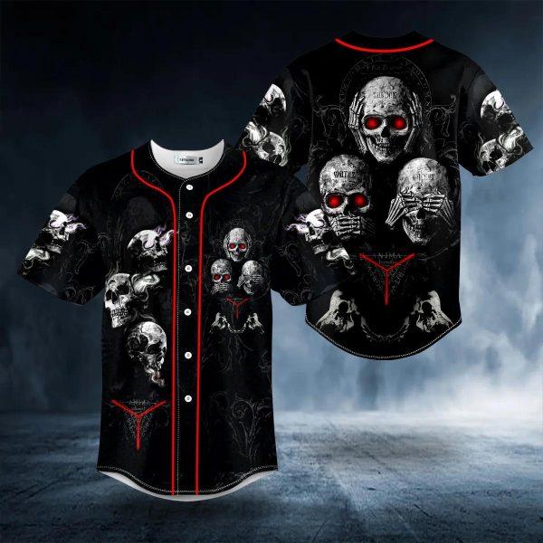 Hear See Speak No Evil Skull Baseball Jersey Skull Graphic Baseball Shirt – Gothic Horror Top, Black and Red Jersey Style for Halloween & Streetwear