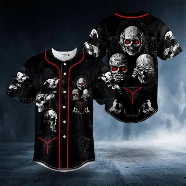 Hear See Speak No Evil Skull Baseball Jersey Skull Graphic Baseball Shirt – Gothic Horror Top, Black and Red Jersey Style for Halloween & Streetwear