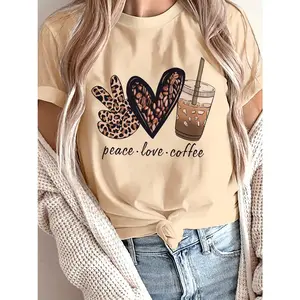 Women's Casual Short Sleeve T-Shirt Peace Love Coffee Graphic Print with Leopard Heart Iced Coffee Design Round Neck Tee