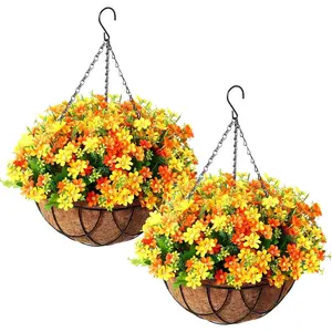 2 Pack Artificial Hanging Baskets with  for Outdoors  Hanging  for Spring Summer Porch Home Decoration Artificial Daisy Flower Arrangement in Coconut Lining Baskets(Orange)