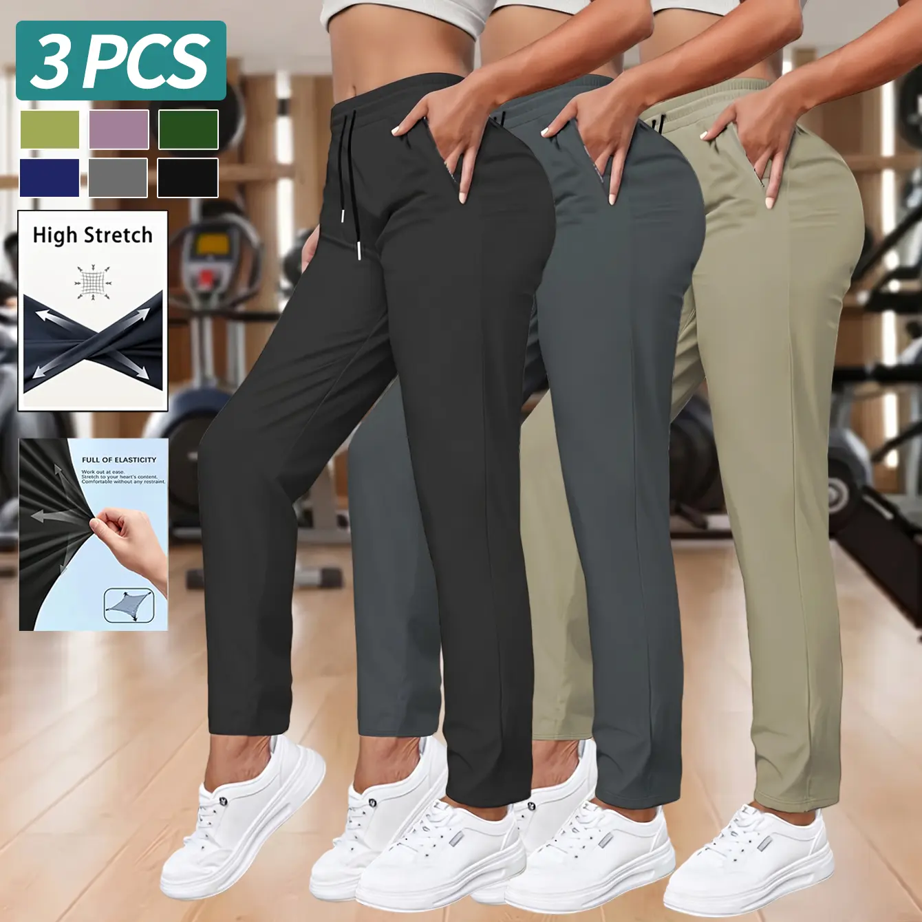 3 pack women’s summer athletic pants made of ice silk—breathable casual sports pants with a drawstring elastic waistband, pockets, and straight legs; suitable for summer travel and workouts.