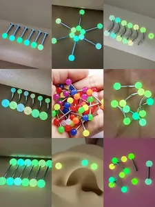 6 Piece Mixed Color Glow-In-The-Dark Round Belly Button Ring Tongue Lip Eyebrow Septum Ring Piercing Jewelry Set, Stainless Steel Spiral Body Jewelry