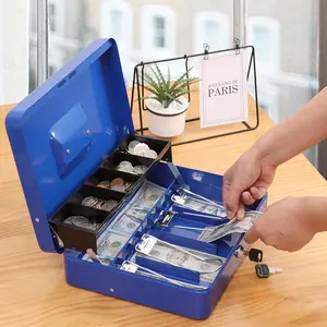 Purse Essentials Metal Cash Box, Cash Box with Money Tray and Key Lock, Storage Box, Blue, 4 bill slots and 5 coin slots, 11.8" x 9.5" x 3.5", Blue