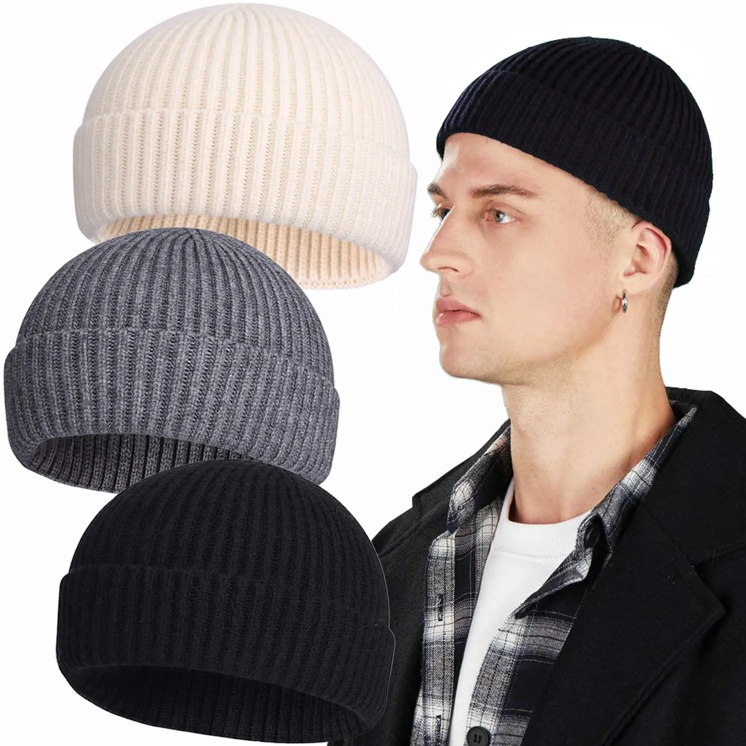 3pcs Short Fisherman Beanie Hat For Men Women  Knit Cuff Winter Warm Hats