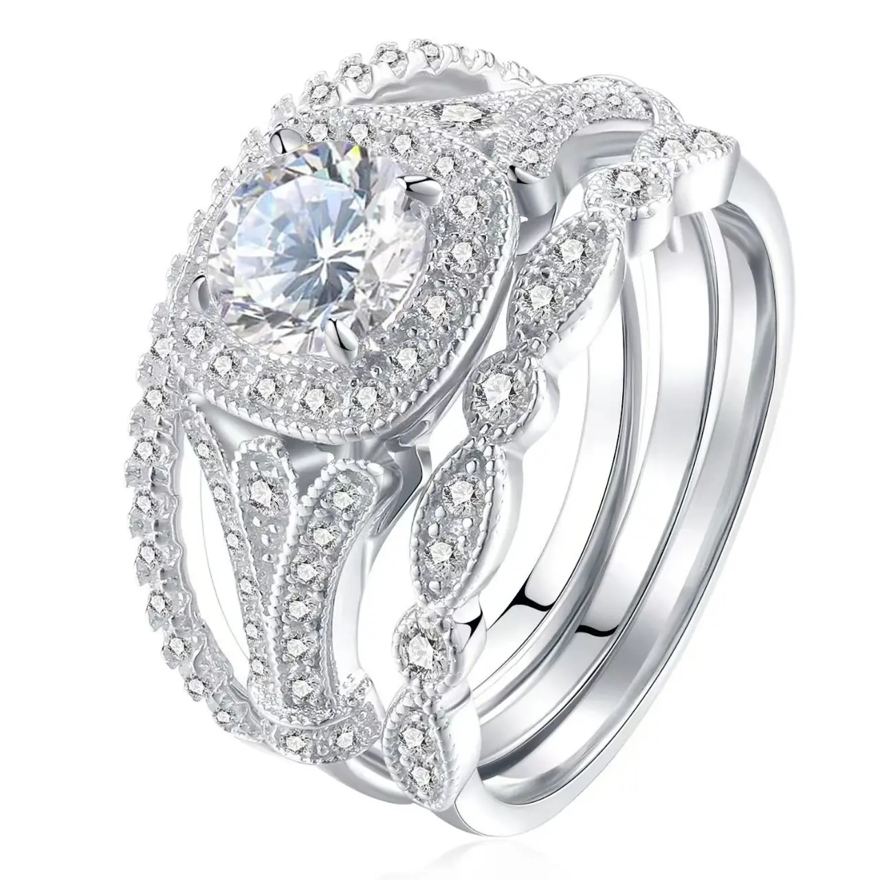 SKU JZ-30 3-Piece Vintage Halo Moissanite Bridal Set | Genuine Platinum Plated | Milgrain Leaf Engagement Ring + Stackable Bands | Wedding & Anniversary Jewelry