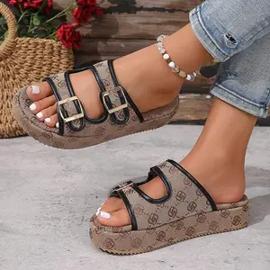 Luxe Buckle Platform Slides - Designer-Inspired Monogram Sandals for Everyday Glam, Lightweight Canvas with Open Toe Design - Girl, Women Footwear Shoe Walking Shoes Summer Stylish Comfort