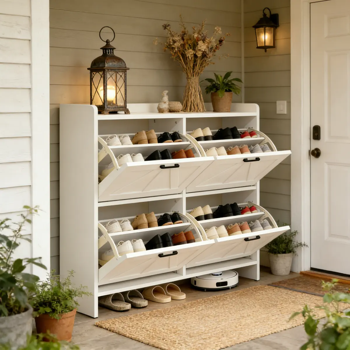 White Modern Fence Shoe Cabinet with 4 Flip Drawers, Sleek Space-Saving Entryway Organizer for Living Room